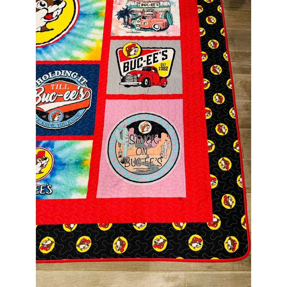Buc-ees Quilt Throw Blanket Large Red Multi Tie Dye Patchwork Graphic 87x87